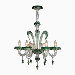 Lámpara de araña de cristal de Murano con decoraciones verdes