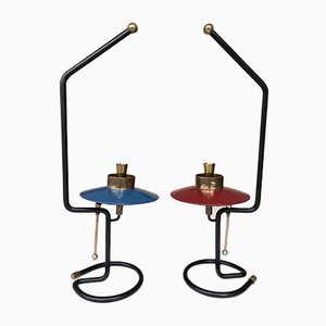 Mid-Century Italian Candleholders in Lacquered Metal and Brass, 1950s, Set of 2