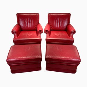 Red Leather Armchairs with Ottomans, 1960s, Set of 4