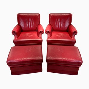 Red Leather Armchairs with Ottomans, 1960s, Set of 4