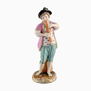 Antique Meissen Figure of Boy Playing Flute in Hand-Painted Porcelain, 1774-1814