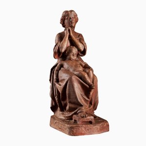 20th Century Terracotta Statue of a Woman and Child by Ch.V.A.