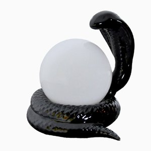 French Black Ceramic Snake Table Lamp, 1980s