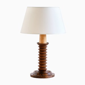 French Modernist Table Lamp in Oak with Ivory Shade by Charles Dudouyt, 1950s