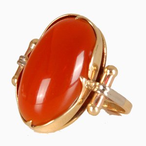 Vintage 14K Yellow Gold Statement Ring with Carnelian Agate Stone Cabochon Cut and White Gold Accent