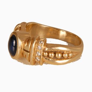 Art Deco 14K Yellow Gold Ring with Cabochon Cut Sapphire Style Stone and Brilliant Cut Crystals