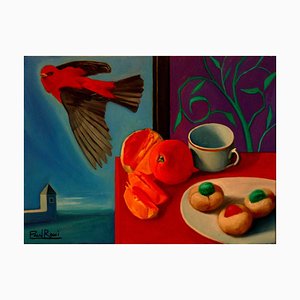 Pintura al óleo de bodegón contemporáneo de Paul Rossi, desayuno con pájaro, 2018