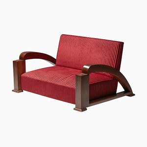 French Art Deco Sofa in Red Striped Velvet with Swoosh Armrests, Set of 2