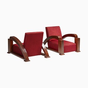 French Art Deco Lounge Chairs in Red Striped Velvet with Swoosh Armrests, Set of 2