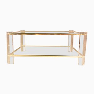 Mid-Century Square Acrylic Glass and Gold 2-Tier Coffee Table with Glass Tops, 1970s