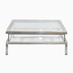 Square Hollywood Regency Coffee Table in Brass & Steel with Sliding Glass Top from Maison Jansen