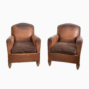 French Leather Club Chairs, Set of 2