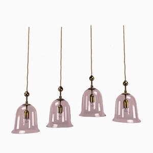 Bell-Shaped Glass Lamps with Brass Frames, 1970s, Set of 4