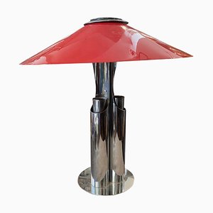 Chromed Metal and Red Acrylic Space Age Italian Table Lamp, 1970s