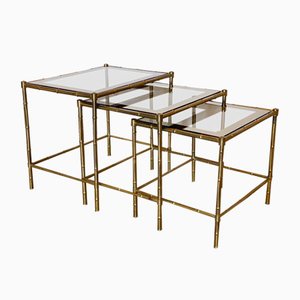 Tables Triptyque en Laiton et Faux Bambou, 1970s, Set de 3