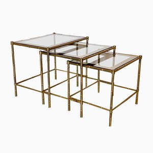 Tavolini in ottone e simil bambù, anni '70, set di 3