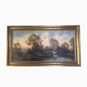 Oil Painting on Canvas- Landscape With a Water Mill Signed 1950s