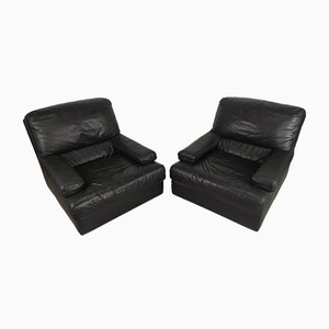 Black Leather Armchairs, Set of 2