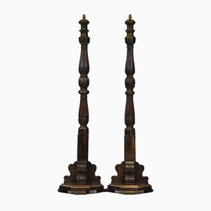 Large Carved Oak Standard Lamps, Set of 2