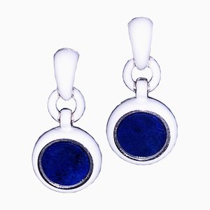 Natural Lapis Lazuli Disc & White Hand Enameled Sterling Silver Dangle Earrings from Berca