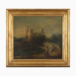 Romanticism, English School, Romantic Landscape with Strolling Mother and Son, 19th Century, Framed Oil on Panel