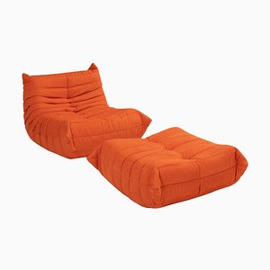 Togo Cadmium Orange Lounge Chair and Footstool by Michel Ducaroy for Ligne Roset, Set of 2
