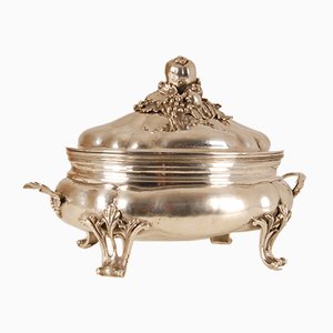 Large Antique Italian Rococo Louis XV Style Silver Tureen with Hammered Cover, 18th Century