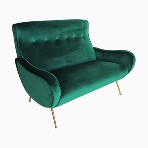 Mid-Century Italian Sofa or Settee in Green Velvet with Brass Tips, 1950s