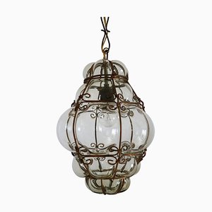 Mid-Century Italian Murano Glass Lantern in Metal Cage and Amber Glass, 1950s
