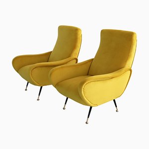 Vintage Italian Armchairs in Yellow Velvet and Brass with Stiletto Feet, 1950s, Set of 2
