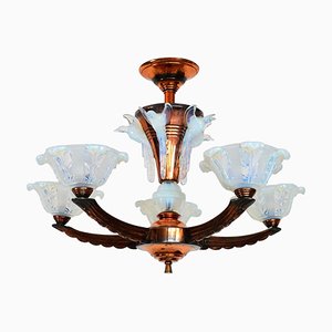 French Art Deco Chandelier with Opaline Glasses, 1930s