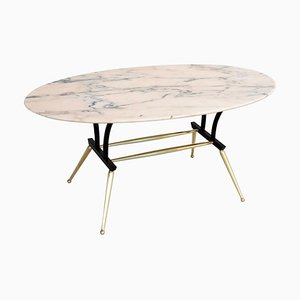Italian Coffee Table with Pink and Grey Marble and Brass Feet, 1950s