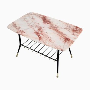 Italian Coffee Table with Pink Marble Top and Magazines Tray, 1970s
