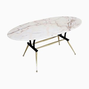 Italian Coffee Table with Pink and Grey Marble and Brass Feet, 1950s