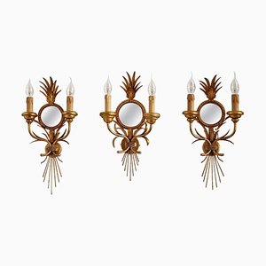 Gilt Wall Sconces with Mirror and Leaves by Hans Kögl, 1970s, Set of 3