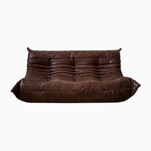 Dark Brown Leather Togo 3-Seat Sofa by Michel Ducaroy for Ligne Roset
