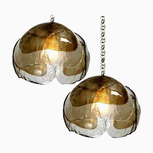 Smoked Glass and Brass Pendant Lights in the Style of Kalmar, 1970s, Set of 2