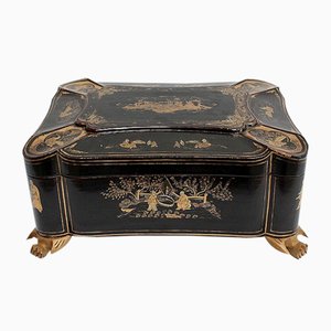 Large Napoleon III Japonaiserie Wooden Box Painted Black, Mid-19th Century