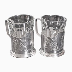 Vintage Russian Silver Sputnik Podstakannik Cups, 1950s, Set of 2