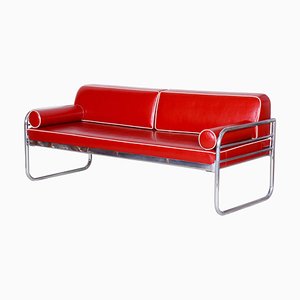Bauhaus Czech Red Tubular Chrome Sofa by Hynek Gottwald, 1930s