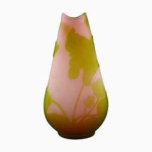 Antique Vase in Pink Frosted and Green Art Glass by Emile Gallé, Early 20th Century
