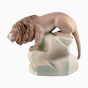 Art Deco Hand-Painted Amphora Porcelain Figurine of a Lion, Czechoslovakia