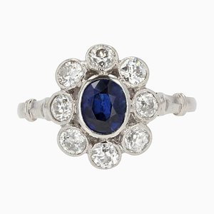 20th Century Sapphire Diamonds 18 Karat White Gold Daisy Ring