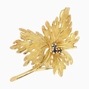 French Sapphire 18 Karat Yellow Gold Leaf Brooch, 1960s