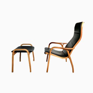 Swedish Leather Lamino Lounge Chair and Stool in Oak by Yngve Ekström for Swedese, Set of 2