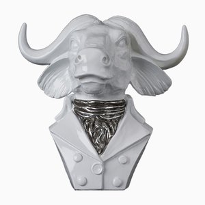 Small Lord Buffalo Sculpture in White & Silver Resin from VGnewtrend, Italy