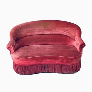 Hollywood Regency Style Red and Pink Velvet 2-Seat Sofa with Fringe, 1950s