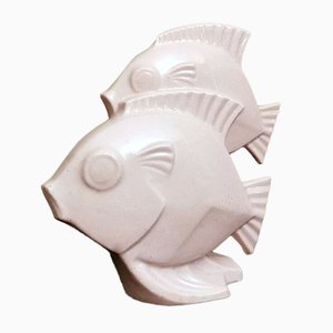 Art Deco French Sculpture of Two Fish in Craquelé Porcelain