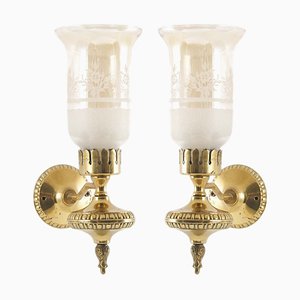 Art Deco Wall Sconces in Gilt Bronze & Murano Glass in the Style of Gio Ponti, Florence, 1940s, Set of 2