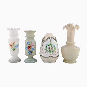 Antique Vases in Hand-Painted Mouth-Blown Opal Art Glass, 1900s, Set of 4